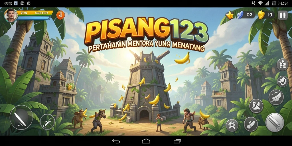 Screenshot utama PISANG123 menampilkan aksi menara pertahanan melawan gelombang musuh.